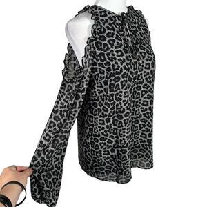 Michael Kors Leopard Print Cold Shoulder Long Sleeve Blouse Top Small Gray Black